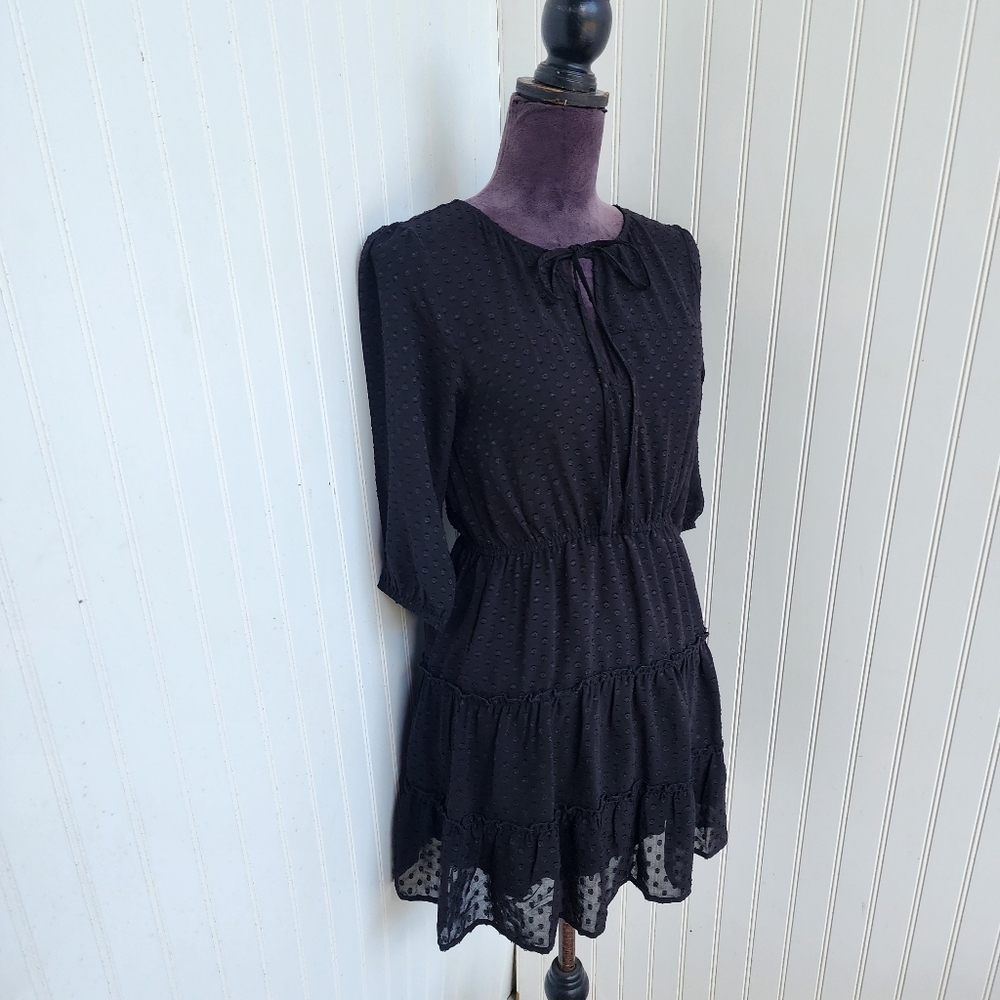 Speechless Women's Black Swiss Dot Tie Neck Mini 3/4 Sleeve Dress Sz S - Picture 10 of 13
